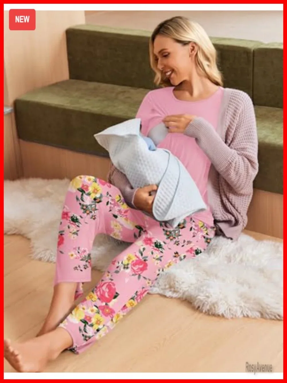 3 Piece Maternity Nursing Pajama Set with Adjustable Waistbands